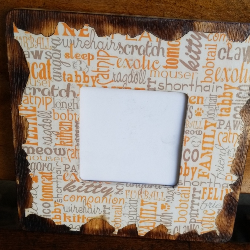 Kitty themed woodburned picture frame